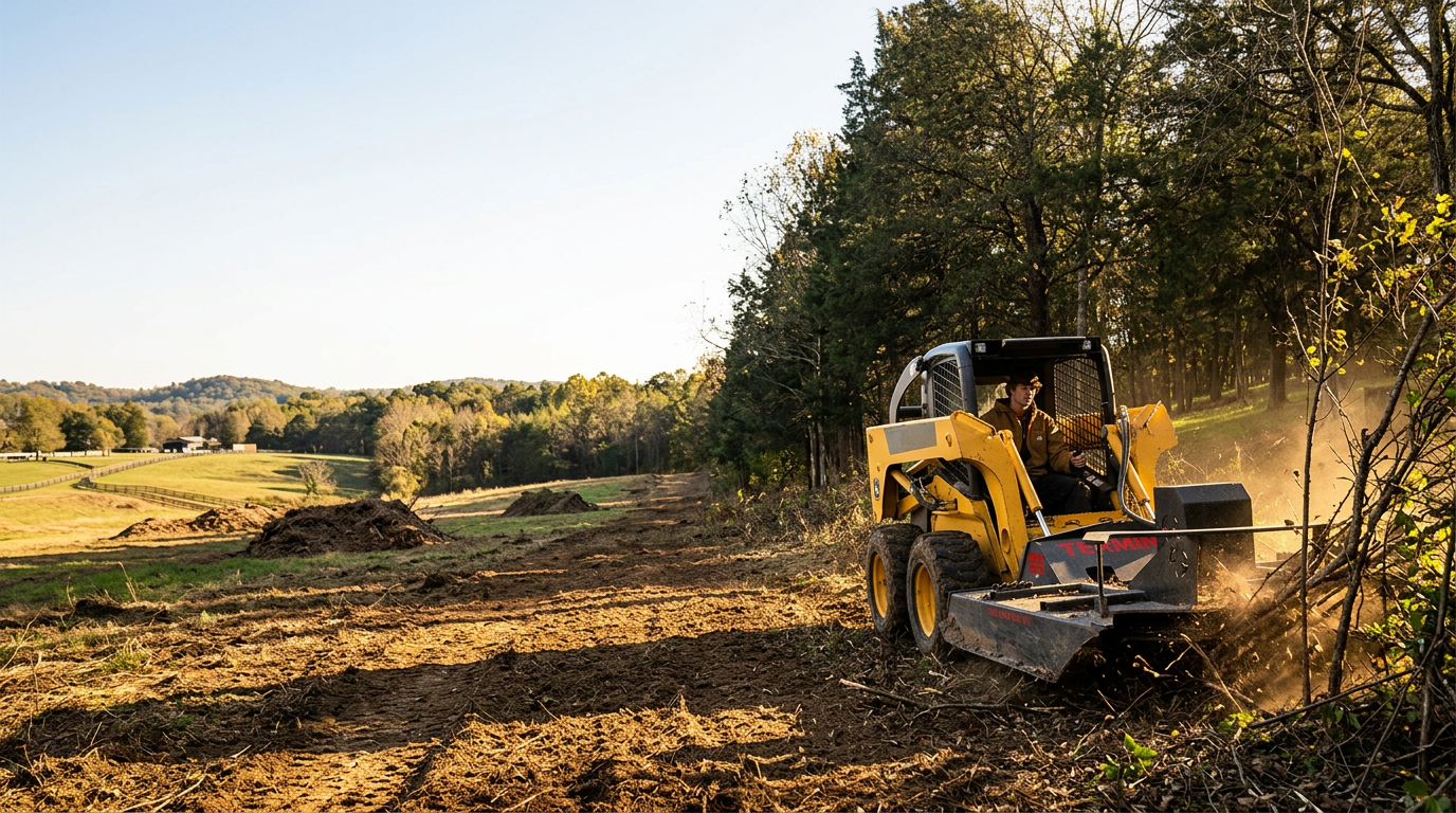 J&W Builds skid steer with a brush cutter clearing land on a Tennessee property